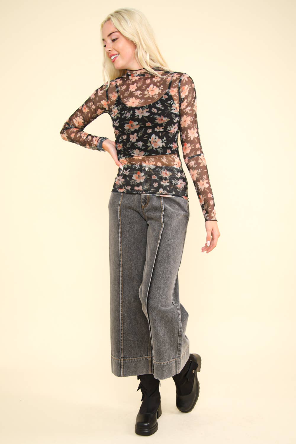 Willamina Black Floral Mesh Top