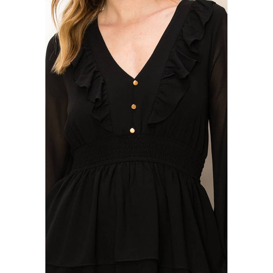 Jane Ruffle V-Neck Black Dress
