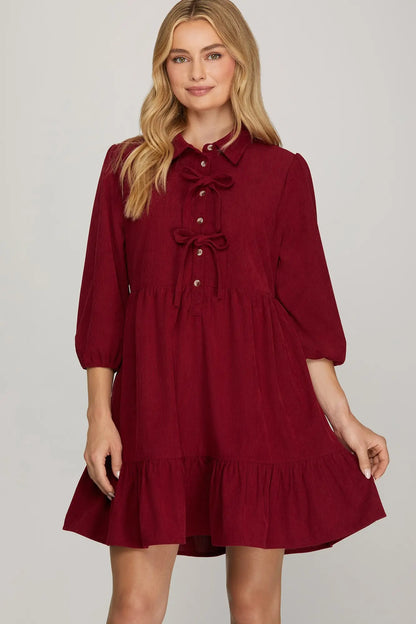 Vega Corduroy Bow Ruffle Wine Dress