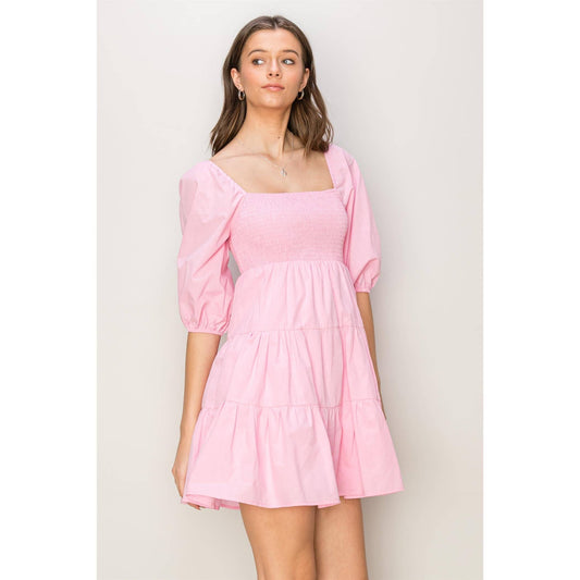 Aristella Smocked Bubble Sleeve Pink Dress