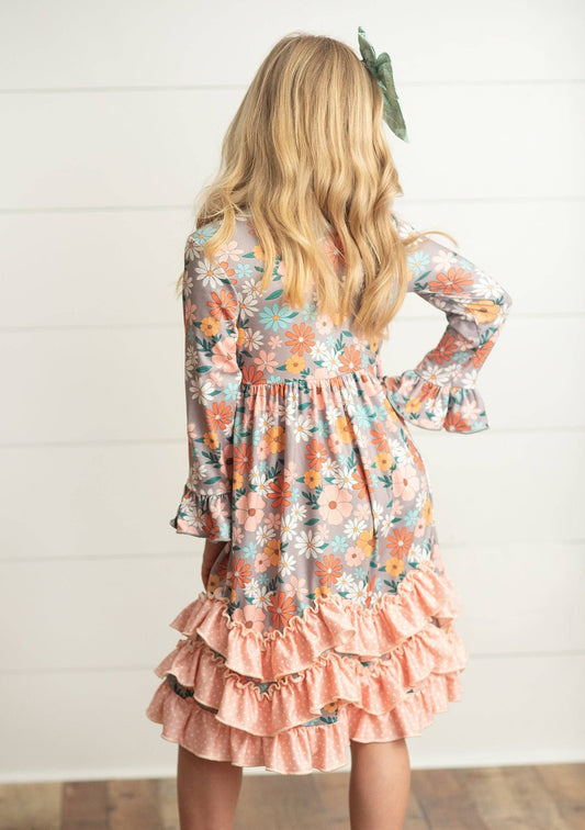 Girls Scallop Ruffle Peach Dress