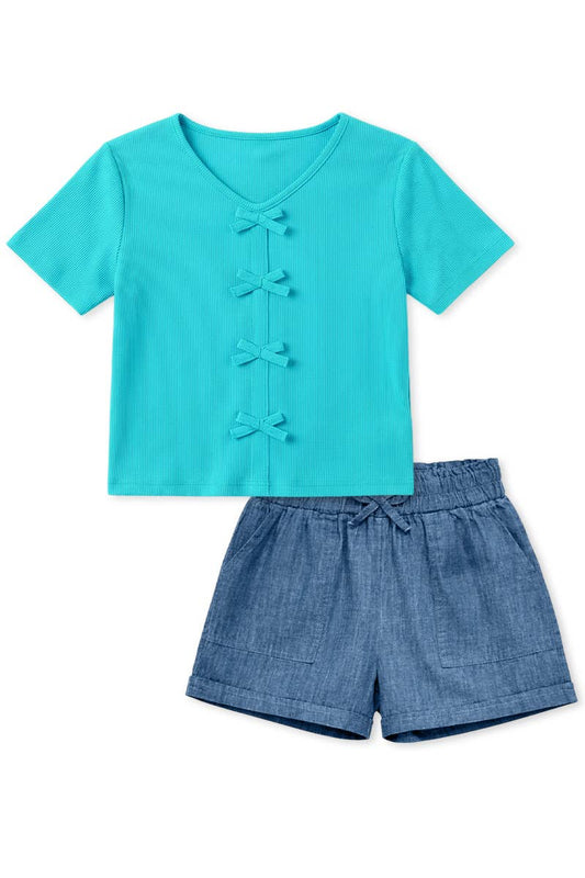 Toddler Girls Chambray Short Turquoise Set