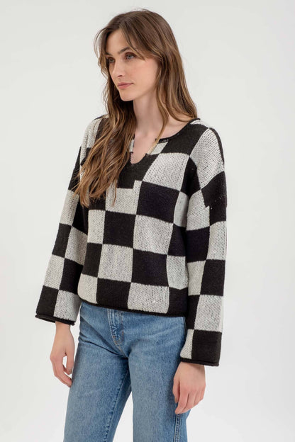 Carlin Checkered Split Neck Sweater