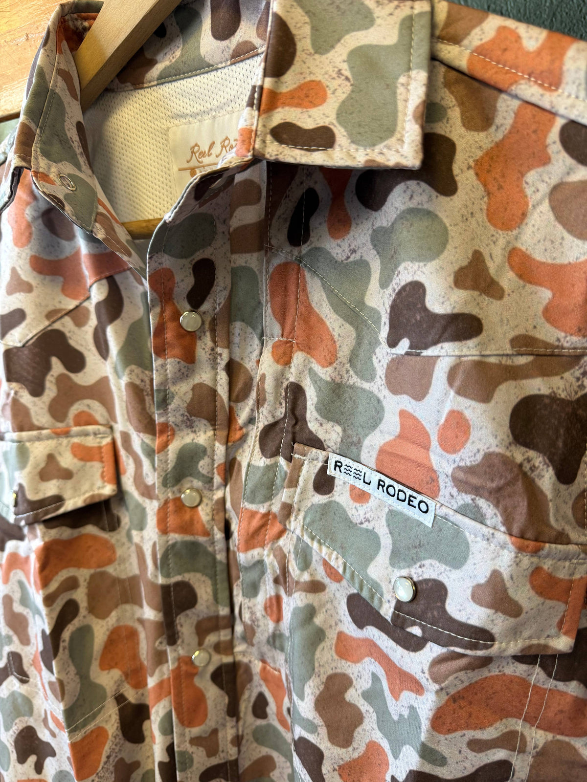 Mens Reel Rodeo Pearl Snap Orange Duck Camo Longsleeve Shirt