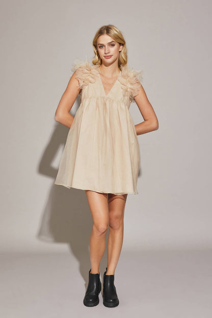 Dara Feather Babydoll Beige Romper Dress