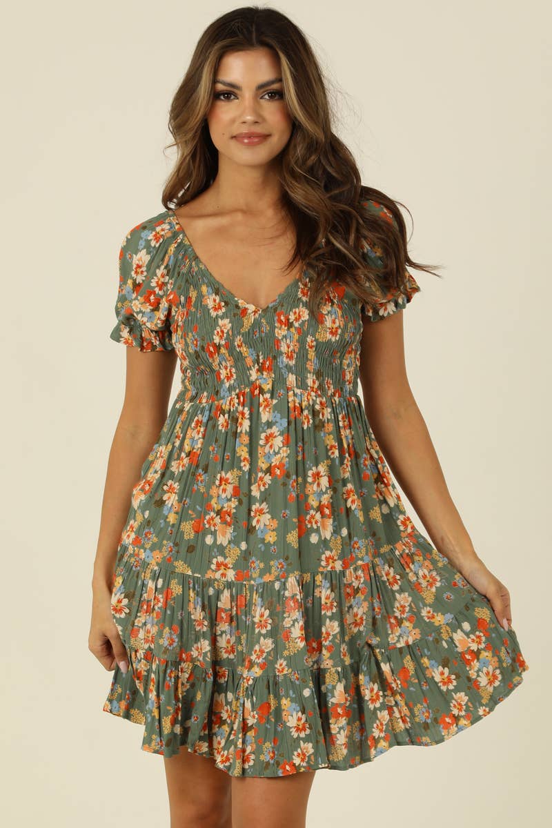 Mirella Sage & Orange Floral Tiered Dress