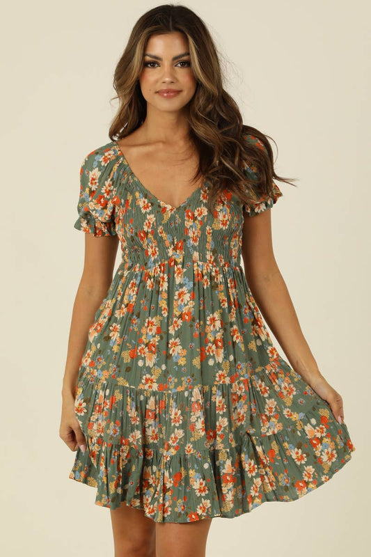 Mirella Sage & Orange Floral Tiered Dress