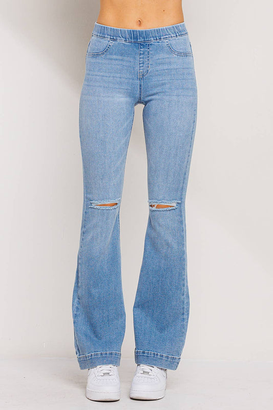 Jelly Elastic Distressed Flare Jeans