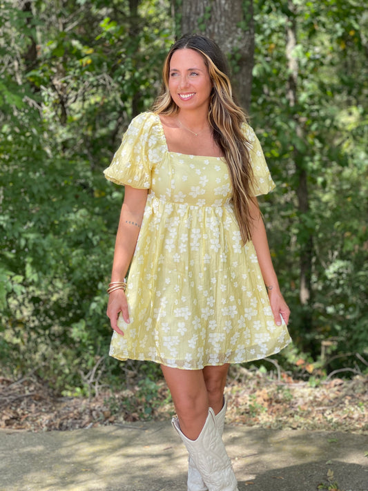 Delevan Floral Embellished Canary Dress