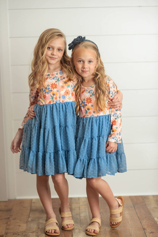 Girls Swiss Dot Tiered Blue Dress