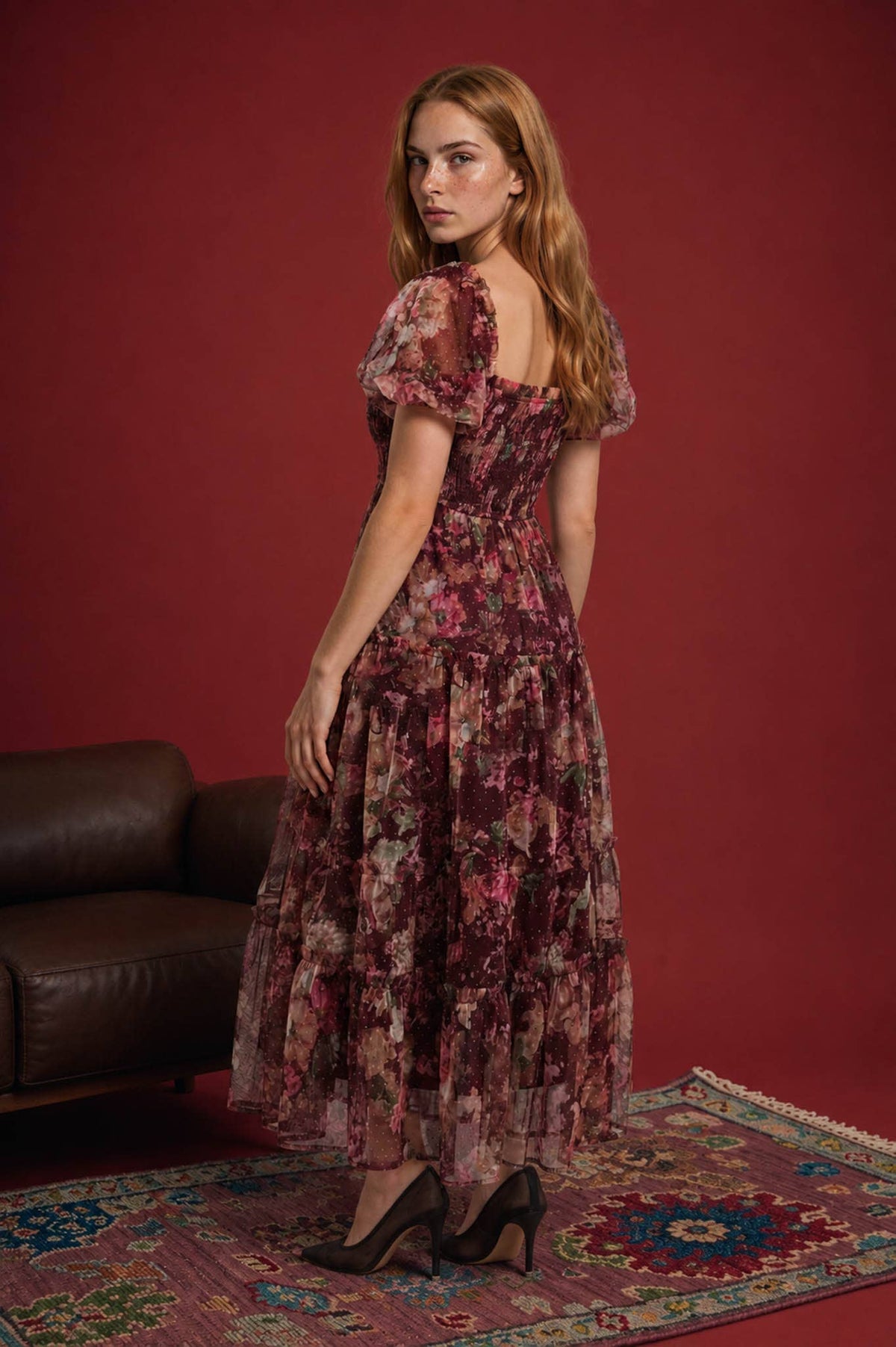 Pauline Floral Polka Dot Maroon Midi Dress