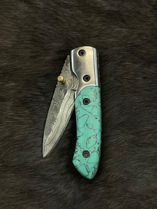 Titan Turquoise Folding Knife & Leather Sheath