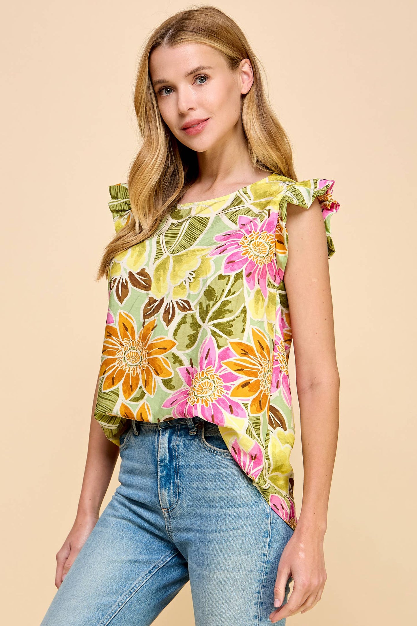 Catalina Tropical Floral Ruffle Sleeve Top