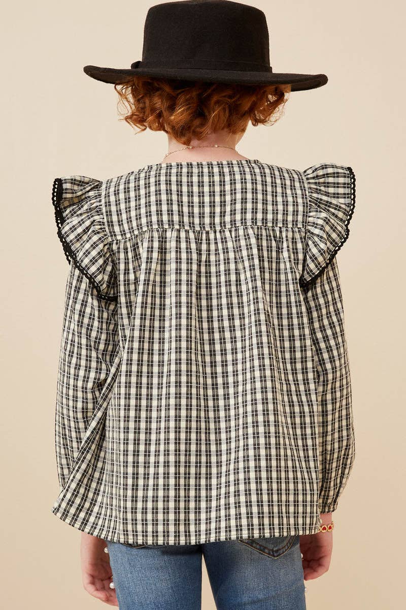 Girls Plaid Lace Longsleeve Blouse