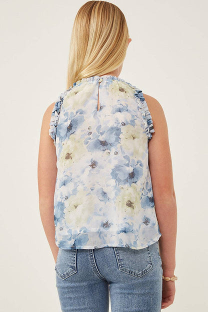 Girls Sheer Watercolor Floral Sleeveless Blouse