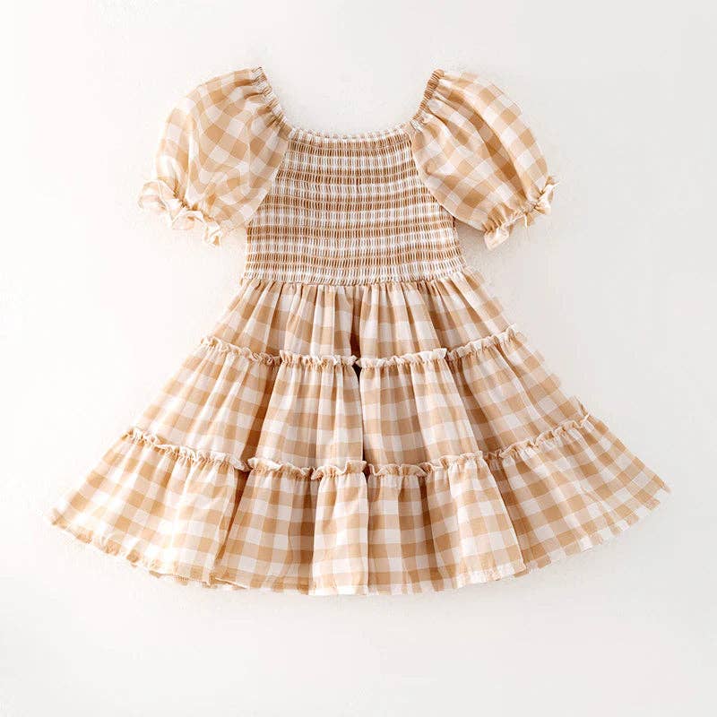Girls Gingham Chiffon Tan Dress