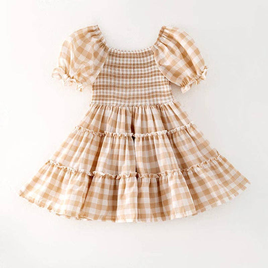 Girls Gingham Chiffon Tan Dress