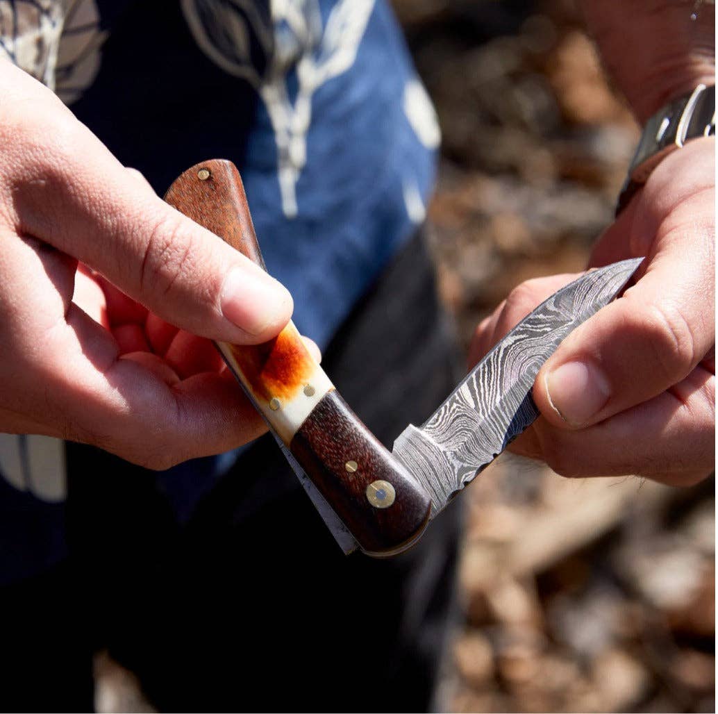Titan Walnut & Torched Bone Pocket Knife with Leather Sheath