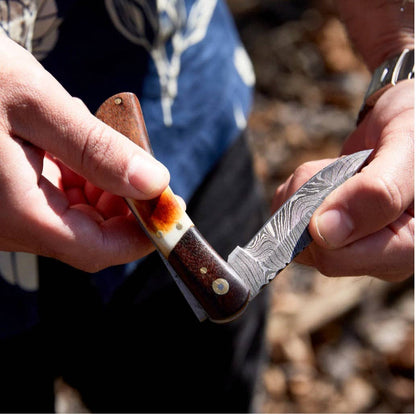 Titan Walnut & Torched Bone Pocket Knife with Leather Sheath