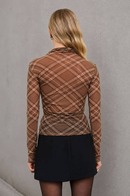 Brown Plaid Mesh Longsleeve Top