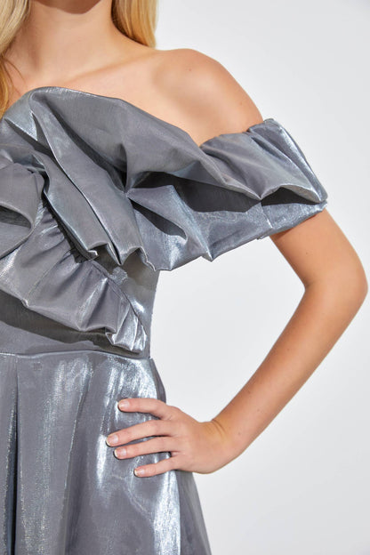 Priscilla Metallic Ruffle Off Shoulder Gunmetal Romper