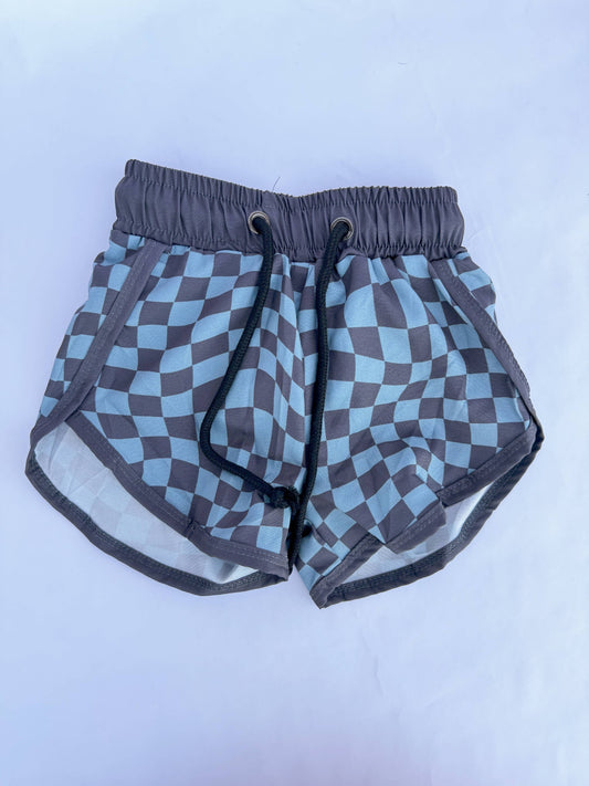 Boys Blue Wavy Checkered Swim Trunks