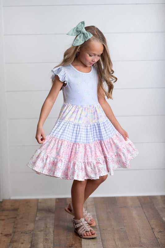 Girls Valine Lavendar Floral Tiered Dress
