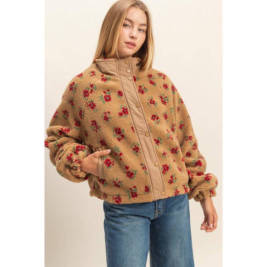 Dawn Floral Sherpa Tan & Maroon Jacket