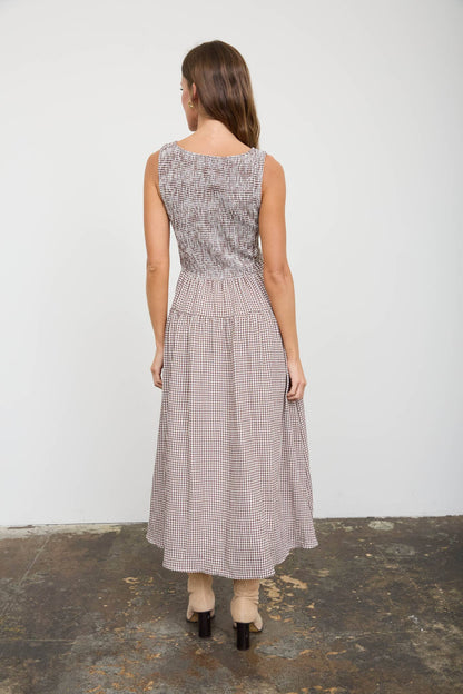 Amelia Gingham Smocked Brown Midi Dress