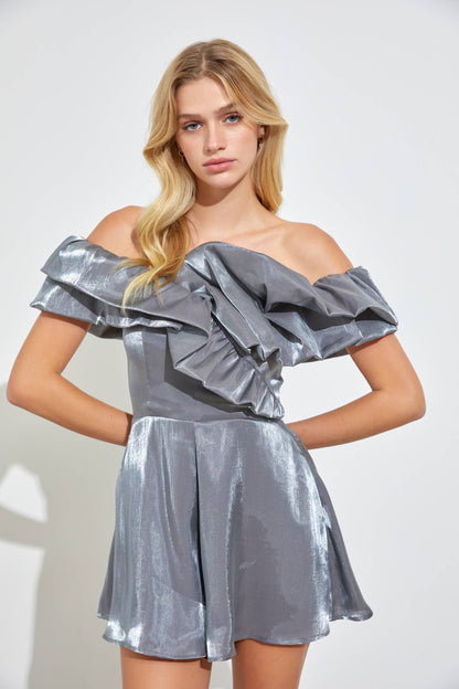 Priscilla Metallic Ruffle Off Shoulder Gunmetal Romper