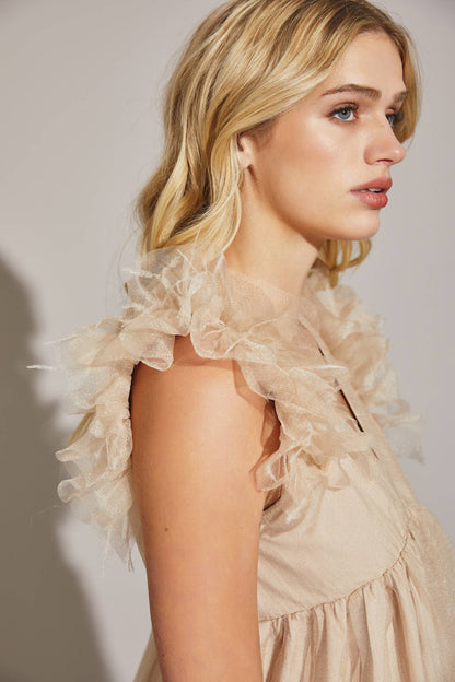 Dara Feather Babydoll Beige Romper Dress