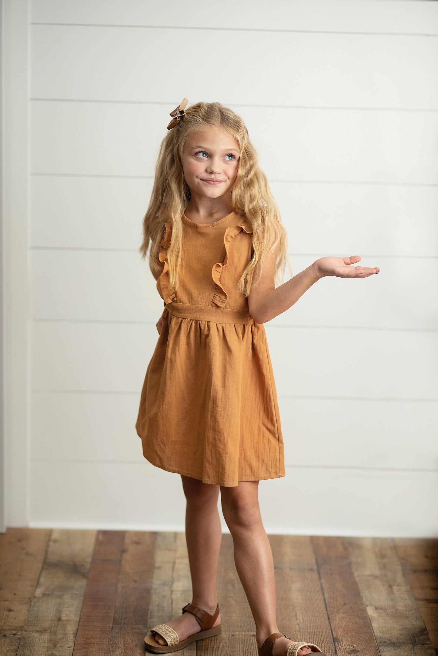 Girls Camel Ruffle Button Dress