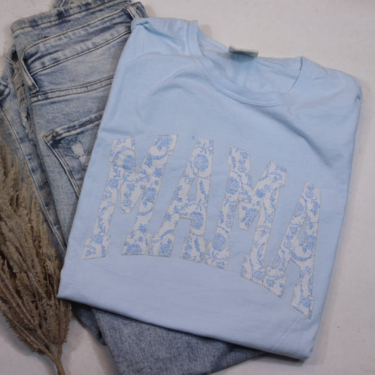 Mama Embroidered Patchwork Baby Blue Tee