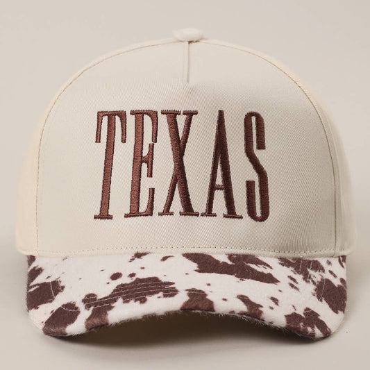 Cow Print Texas Embroidered Brown Stitch Hat