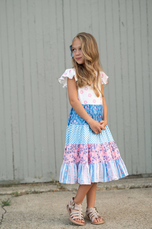 Girls Valine Pink & Blue Floral Tiered Dress