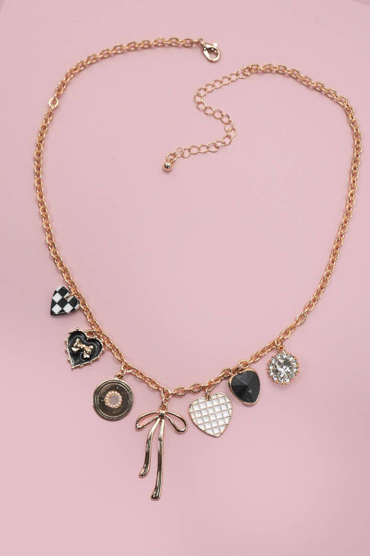 Constance Black Heart Bow Checkered Charm Necklace