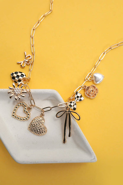 Constance Pearl Heart Bow Checkered Charm Necklace