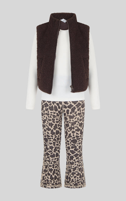 Toddler Girls Sherpa Vest Brown Leopard Pant Set