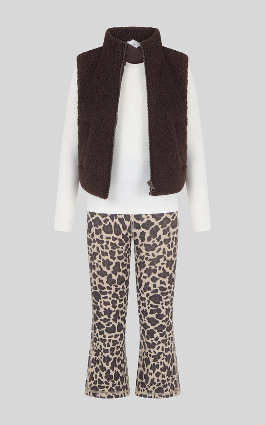 Toddler Girls Sherpa Vest Brown Leopard Pant Set
