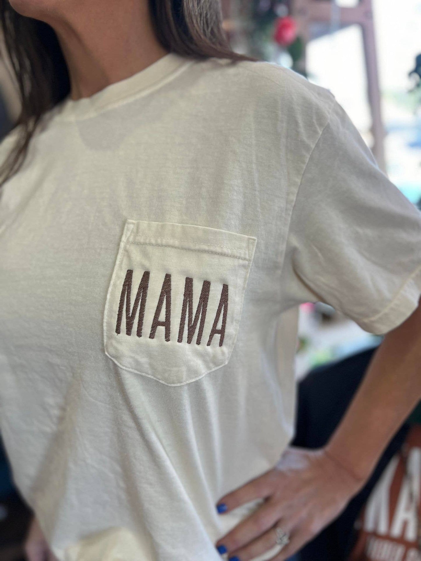 Embroidered Mama Ivory Pocket Tee