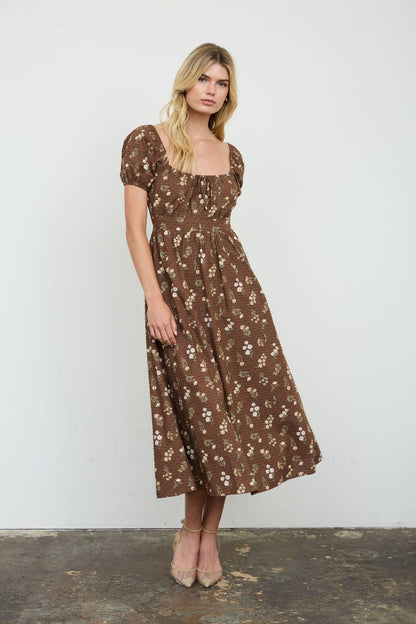Margot Vintage Floral Swiss Dot Brown Midi Dress