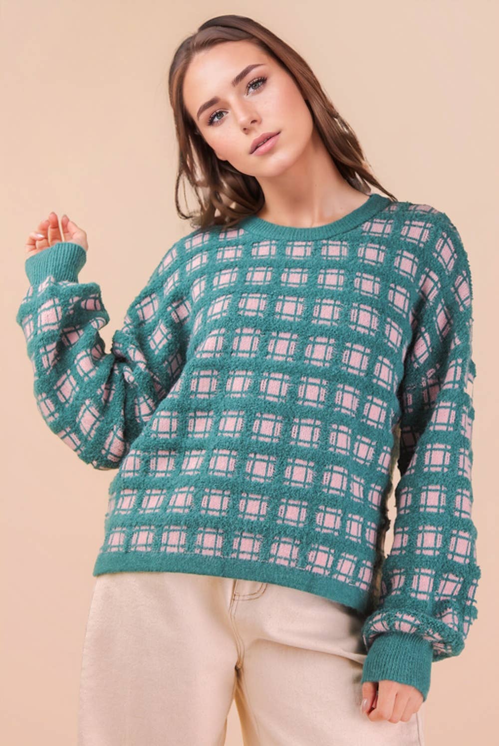 Fawn Plaid Teal Sweater