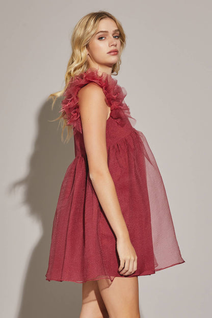 Dara Feather Babydoll Burdundy Romper Dress