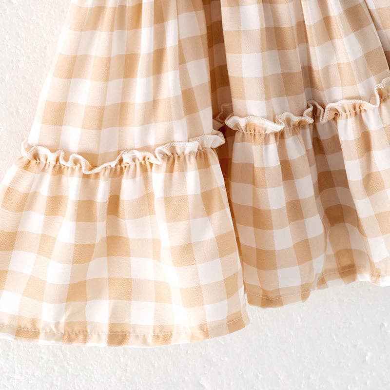 Girls Gingham Chiffon Tan Dress