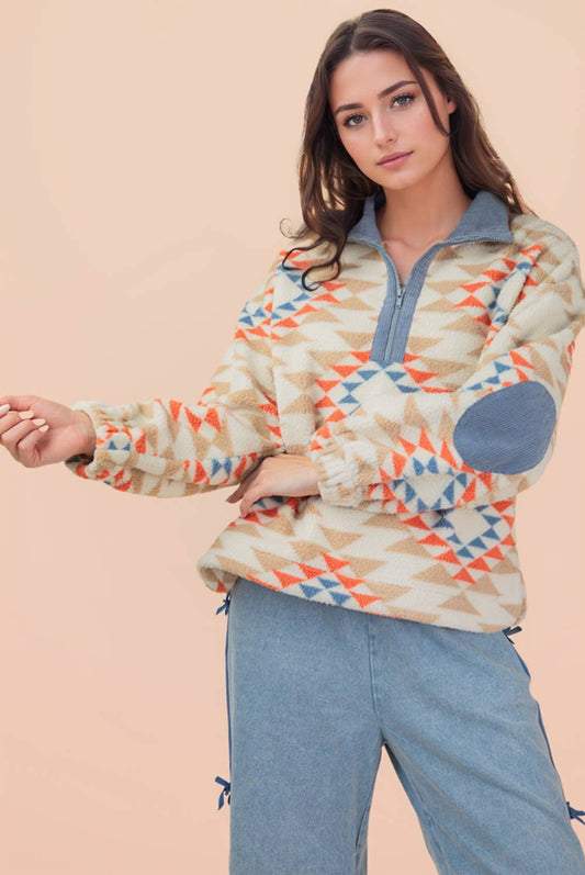 Aztec Quarterzip Fuzzy Denim Pullover