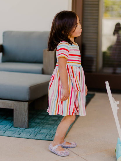 Girls Striped Pocket Multi Colored Dress
