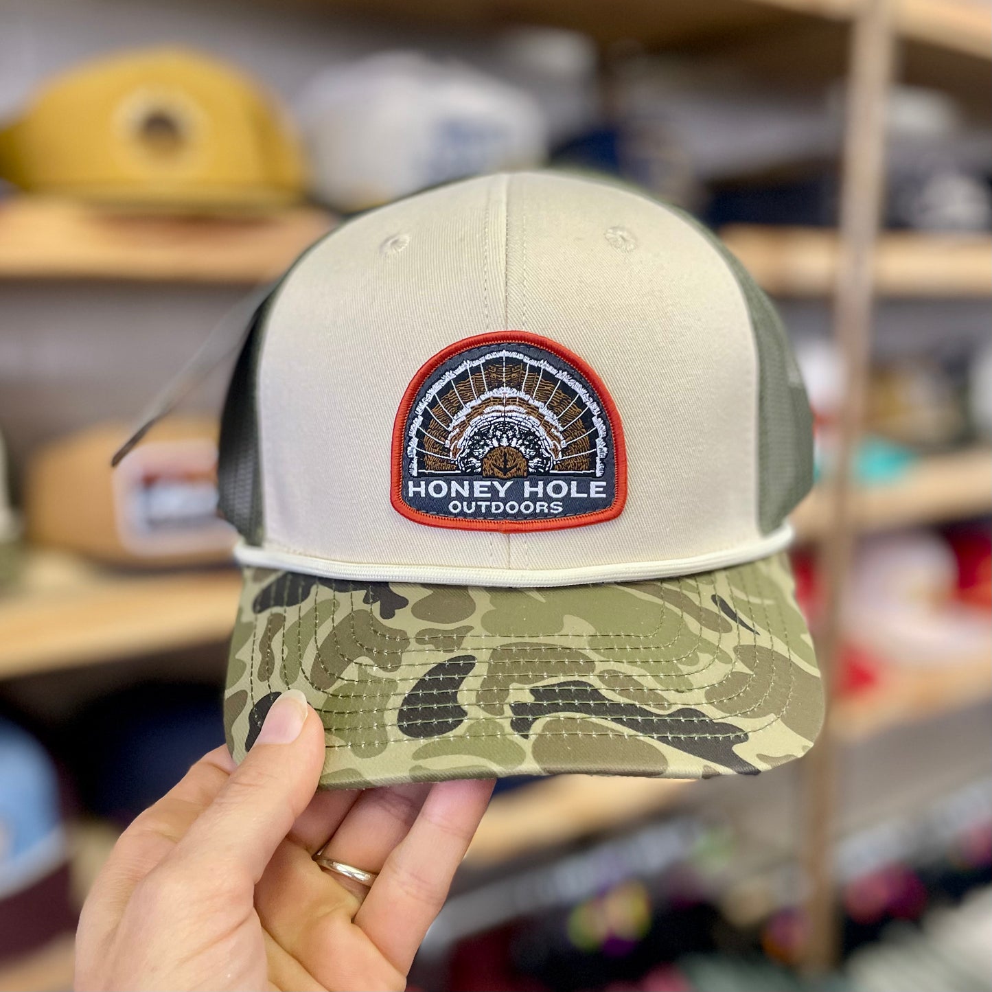 Mens Honey Hole Turkey Fan Rope Trucker Hat