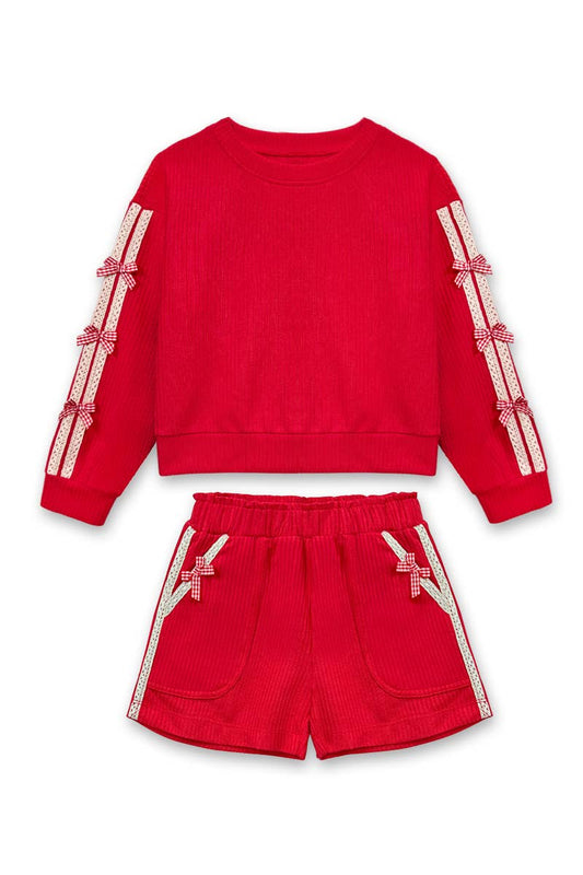 Girls Bow Striped Short Red Set