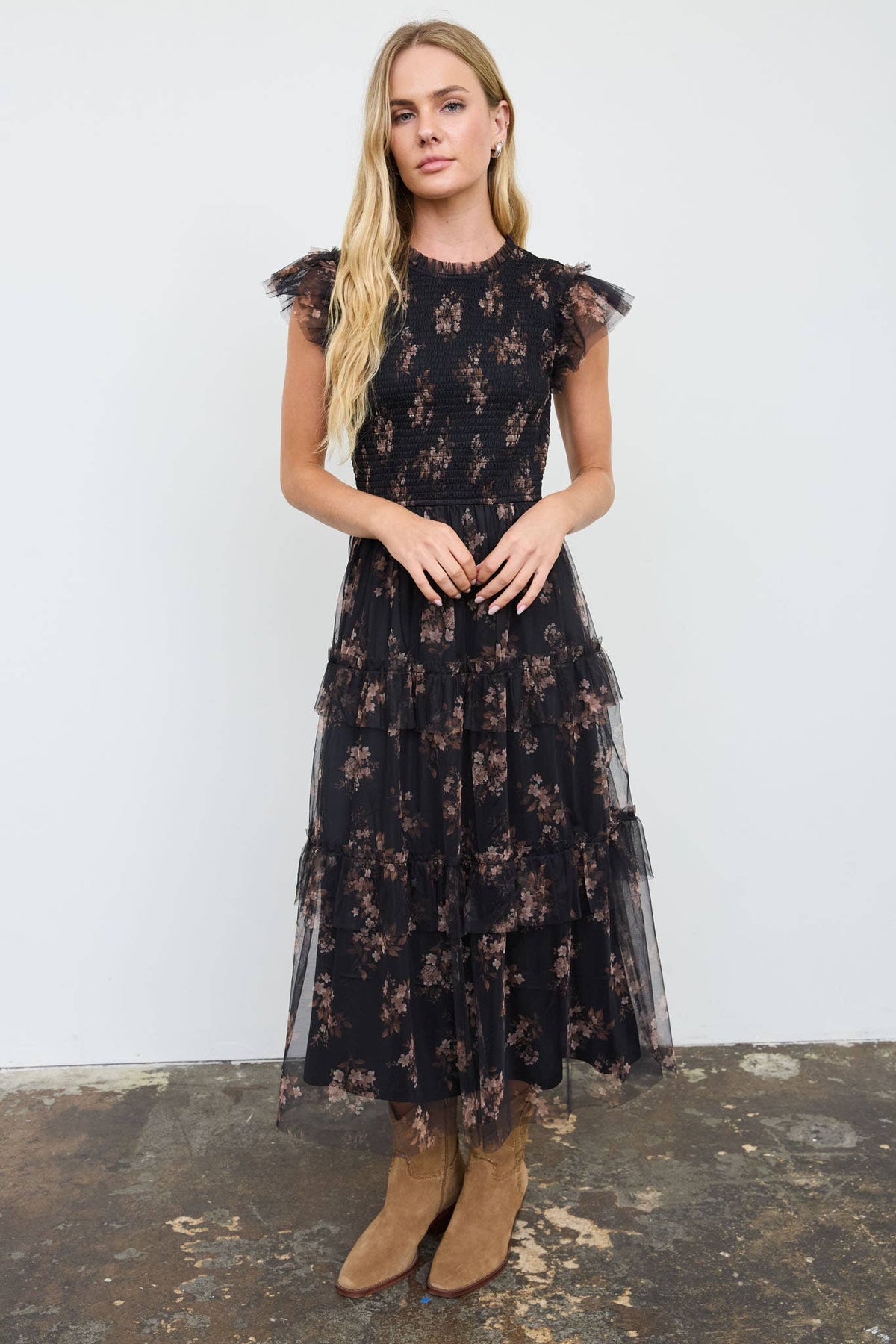 Grace Floral Sheer Overlay Black Midi Dress