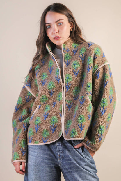 Danielle Floral Sherpa Brown & Green Jacket